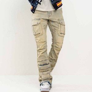 Men Stacked Jeans Multi Cargo Pockets Denim Pants on